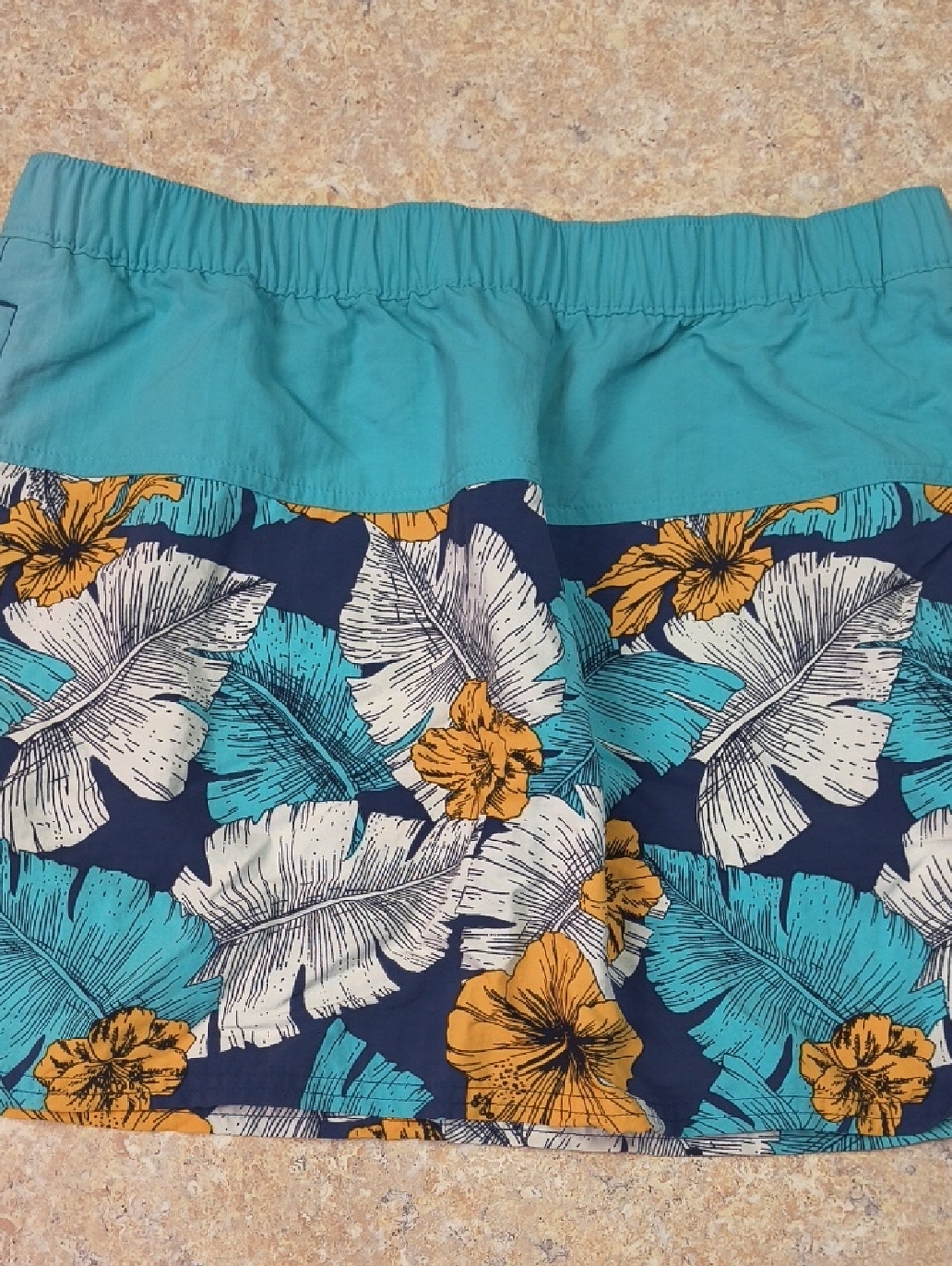Used Patagonia Navy, Teal & Yellow Printed Swim Skirt Sz M EUC